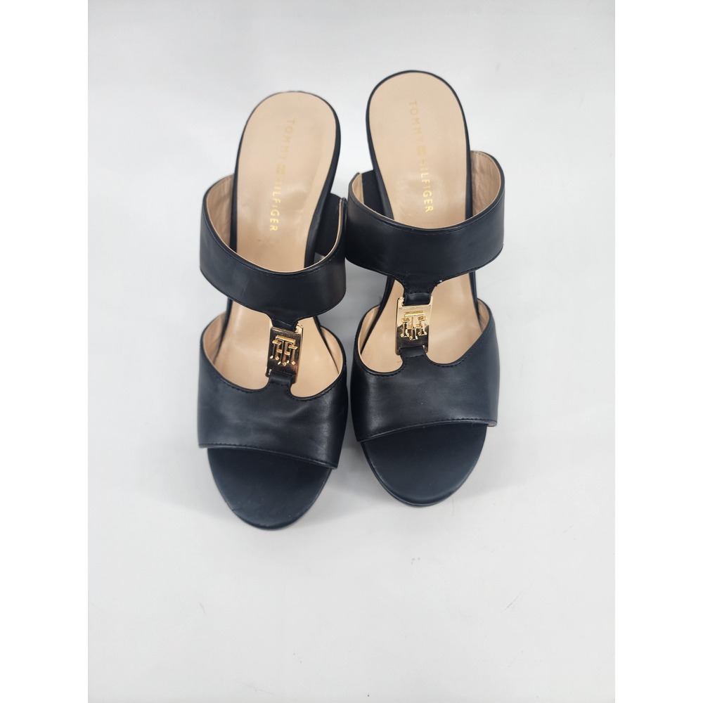 Tommy Hilfiger Womens Black Leather Wedge Platform Sandals Gold Logo Size 9M - Picture 3 of 8